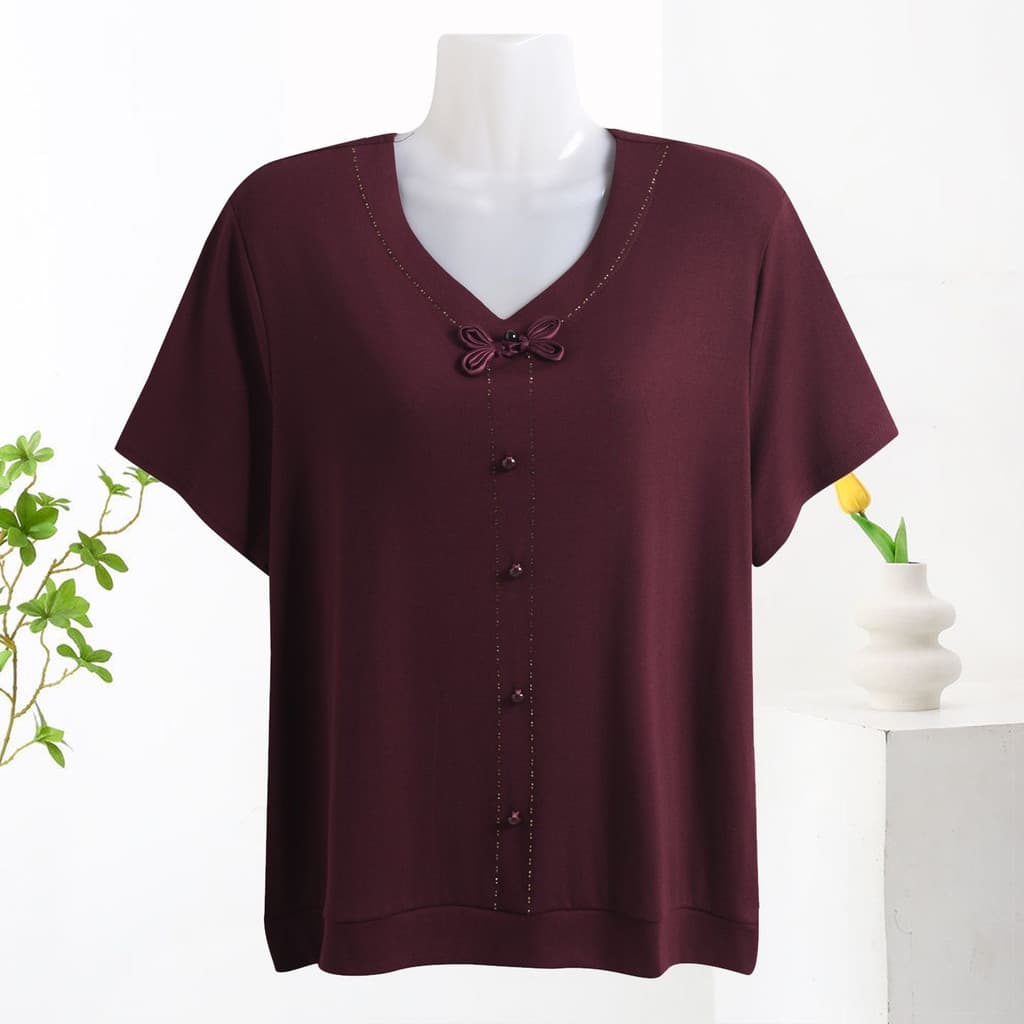 Mãe verão camiseta de manga curta meia-idade idosos novo estilo elegante com decote em V arco Modal Lo