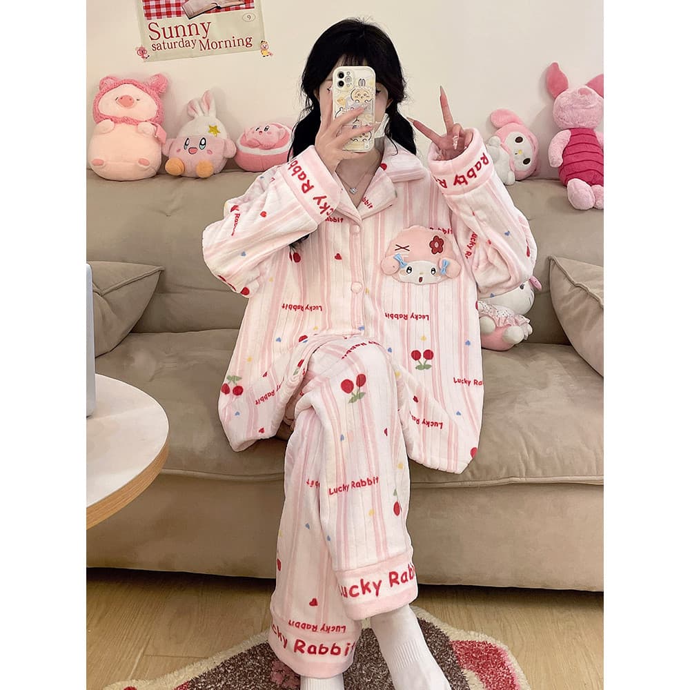 Outono inverno pijamas femininos Coral velo engrossado forro de lã doce bonito piano cordeiro inverno quente roupas para