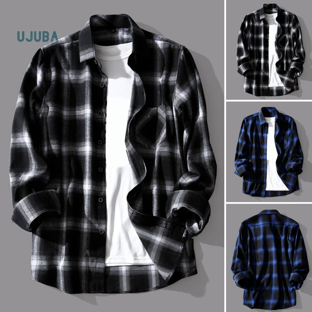 Ujb Camisa Masculina De Primavera Com Estampa Xadrez , Mangas Compridas , Cores Contrastantes , Gola Virada Para Baixo ,