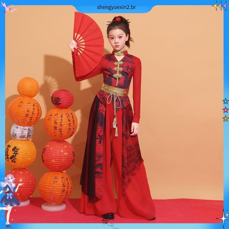 Crianças estilo chinês dança tambor desempenho traje dia de ano novo dança de rua passarela desempenho terno T Taiwan no