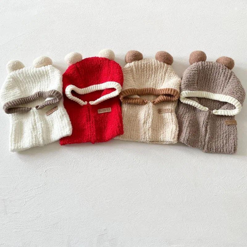 Capuz Do Bebê Uma Peça Cachecol Boné Inverno Quente Malha Proteção De Orelha Balaclava Chapéu Cor Sólida À Prova De Vent