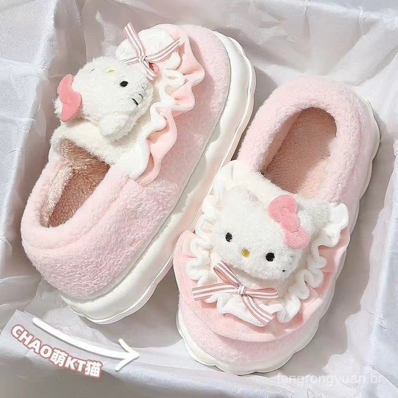 Pantufas de Inverno Femininas Hello Kitty, Fofas, de Algodão Peludo, com Cobertura para o Calcanhar, Pantufas Quentes pa