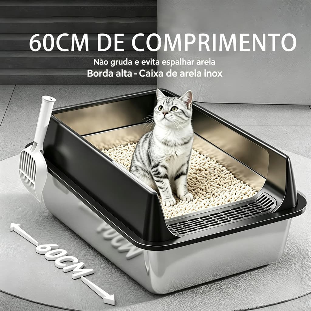Caixa Sanitária de Aço Inoxidável para Gatos, Borda Elevada Evita Derramamento, Design Prático, Limpeza Simples