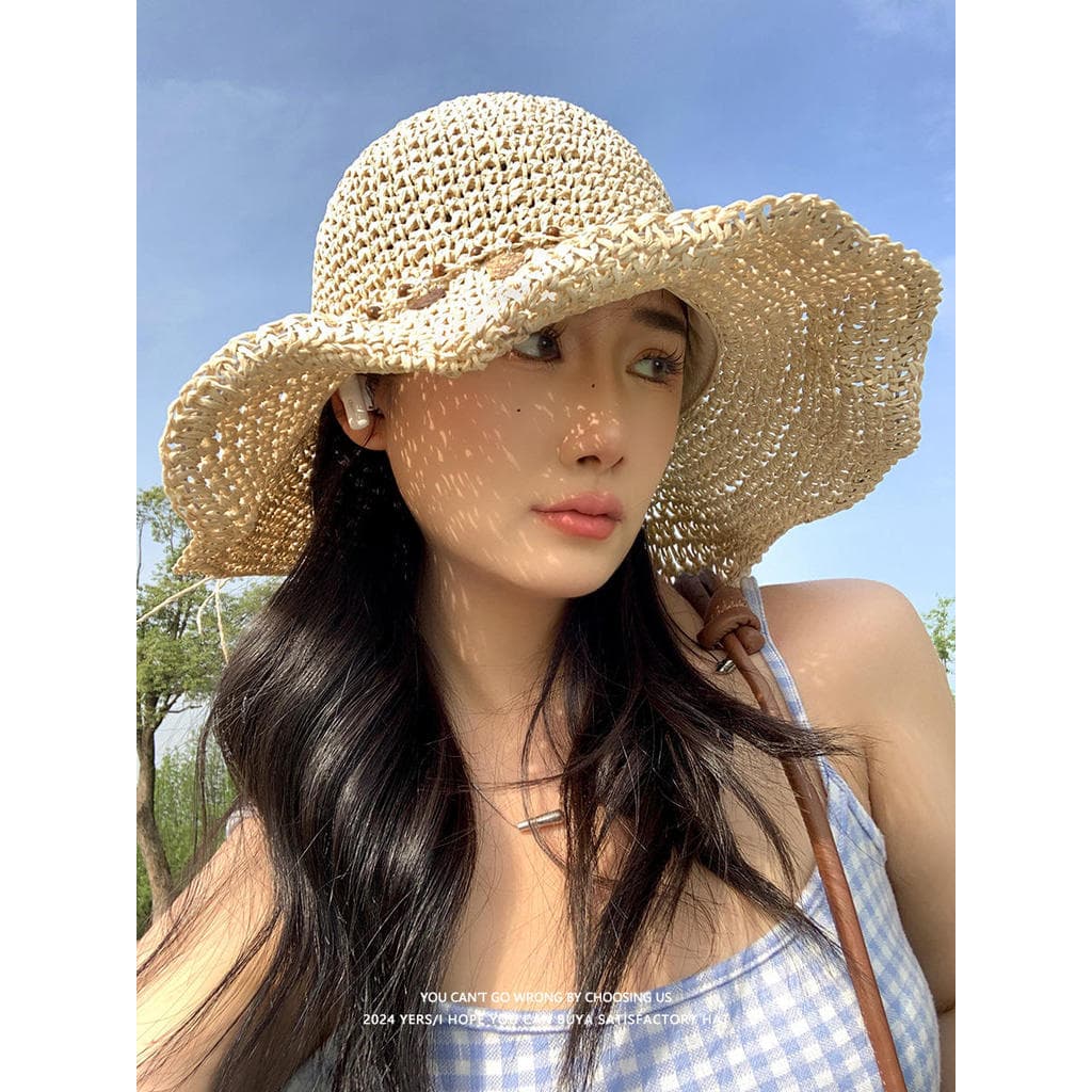 Seaside praia férias grande borda concha chapéu de palha decoração feminina oco pára-sol chapéu de sol ao ar livre respi
