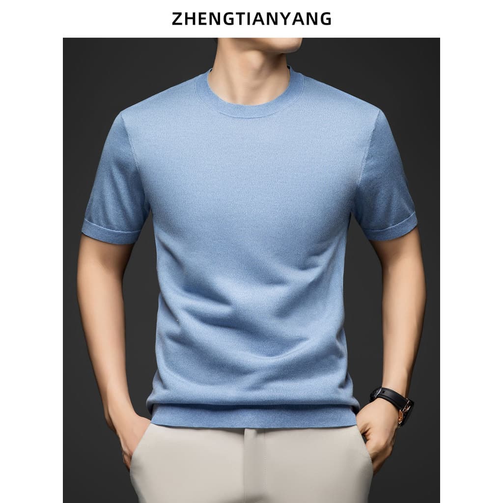 Máquina lavável 100% Lyocell camiseta de manga curta masculina verão em torno do pescoço de malha meia manga na moda aco