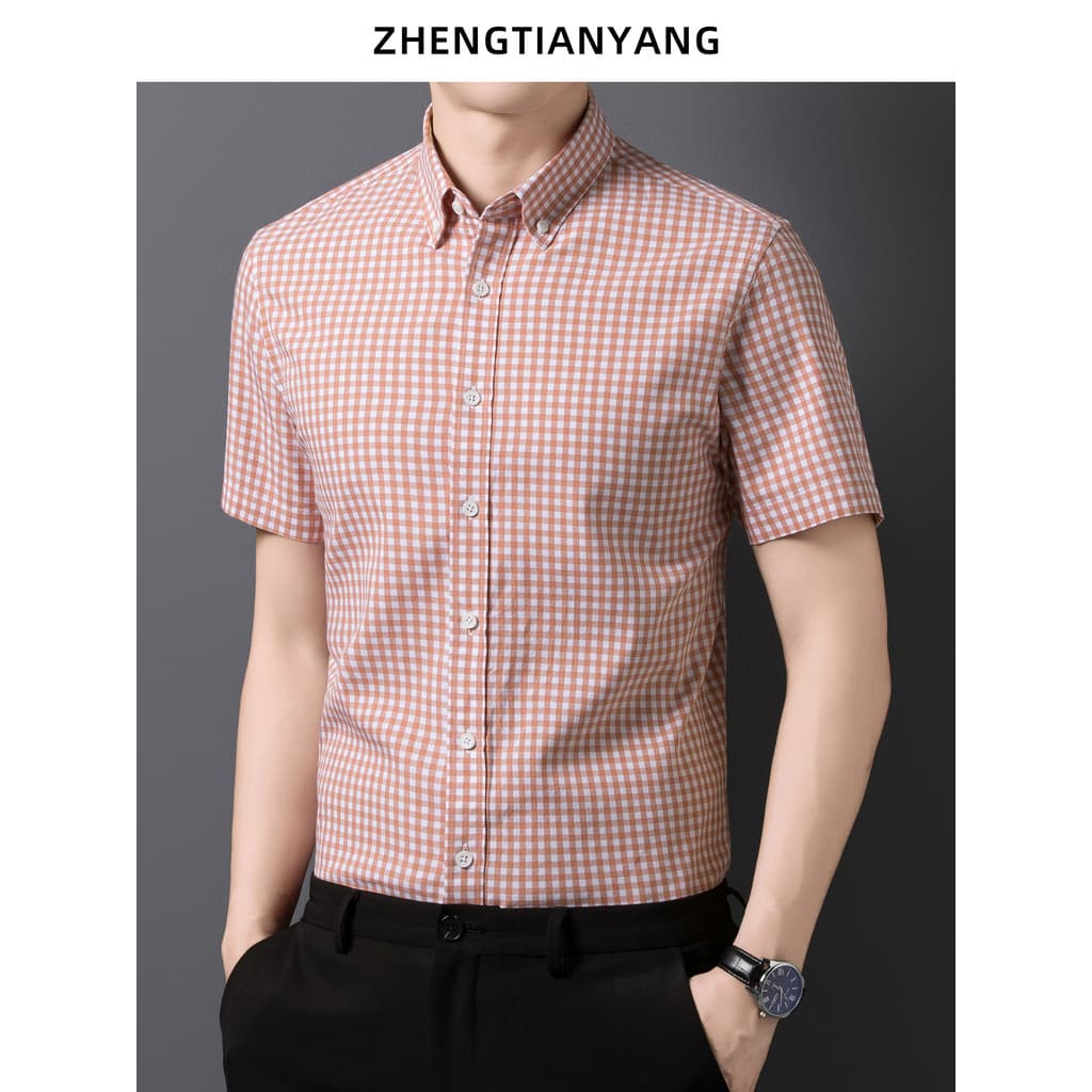 Lyocell camisa de manga curta fina de algodão de fibra comprida masculina verão gola de botão xadrez camisa coreana Casu