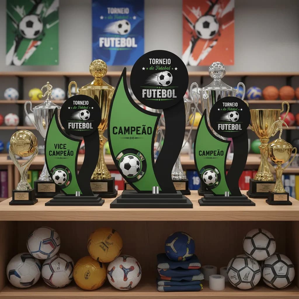 Kit Troféu Futebol Mdf 20cm C/ 3 Peças Premiação Completa Futebol