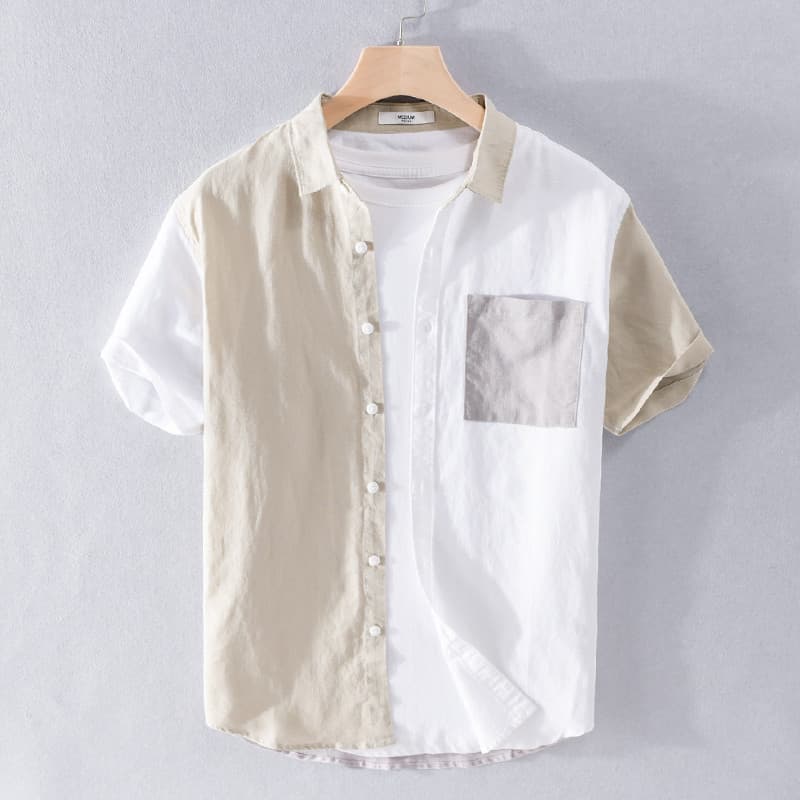 Camisa de manga curta masculina de linho de verão costura contraste cor solta Casual algodão linho na moda camisa fina r