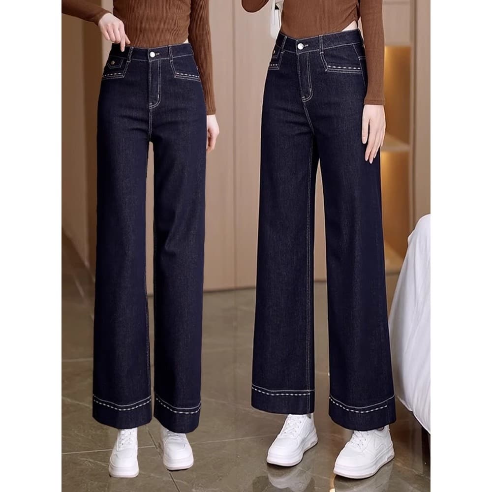 Denim azul perna larga Jeans feminino 2026 verão novo estilo cintura alta pequena cortina solta reta tornozelo-perna cal