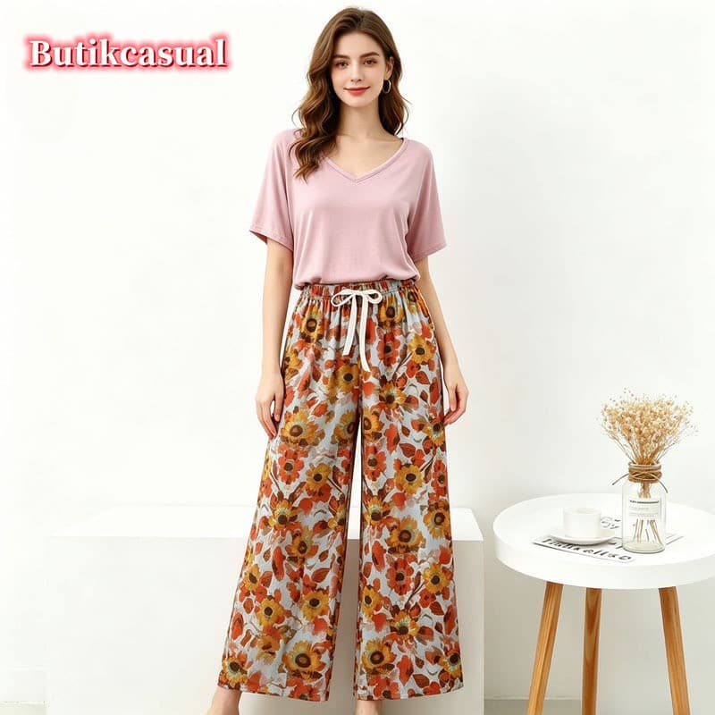 Conjunto Superior De Algodão Feminino Liso Solto Loungewear Pijamas Manga Longa Camiseta Calça Casa Terno