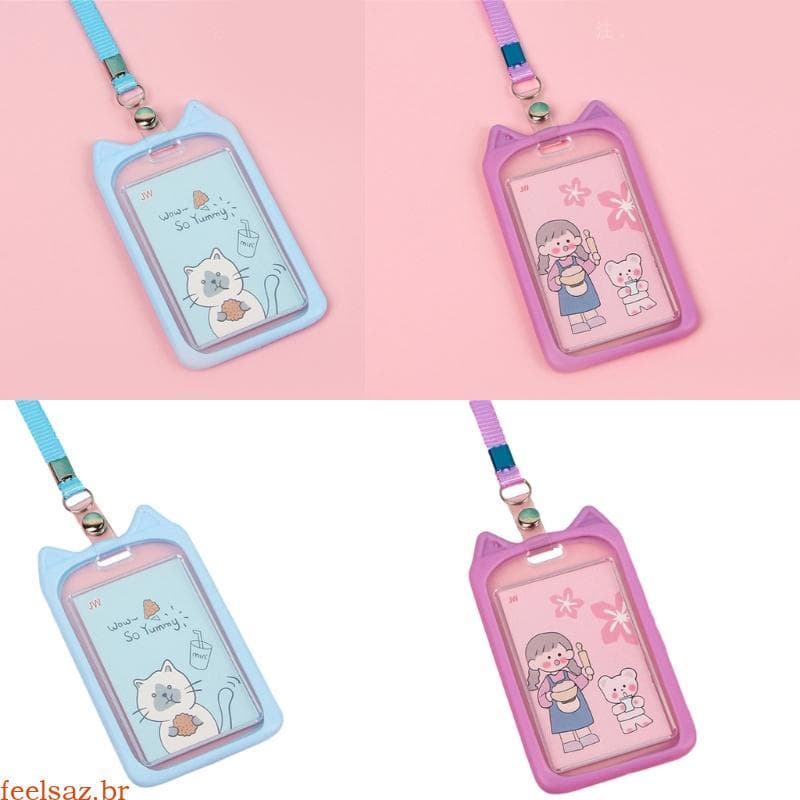 feelsaz Porta-Crachá Vertical Para Cartão Silicone Gato Desenho Animado Mantenha Seus Cartões Segur