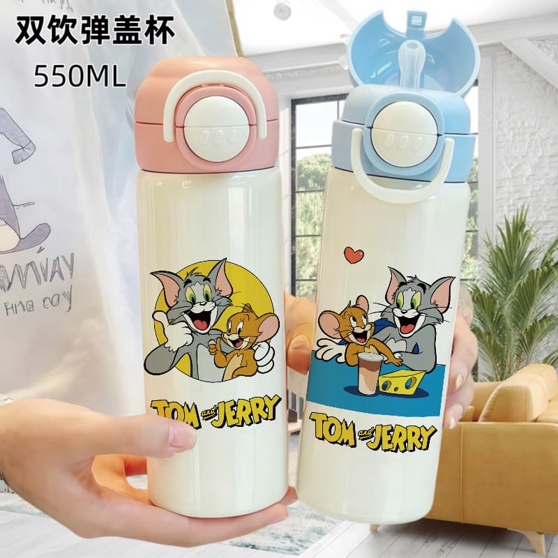 Copo térmico de gato e rato, copo de água dedicado para crianças, meninos, escola, Tom Jerry, copo de palha de marca con