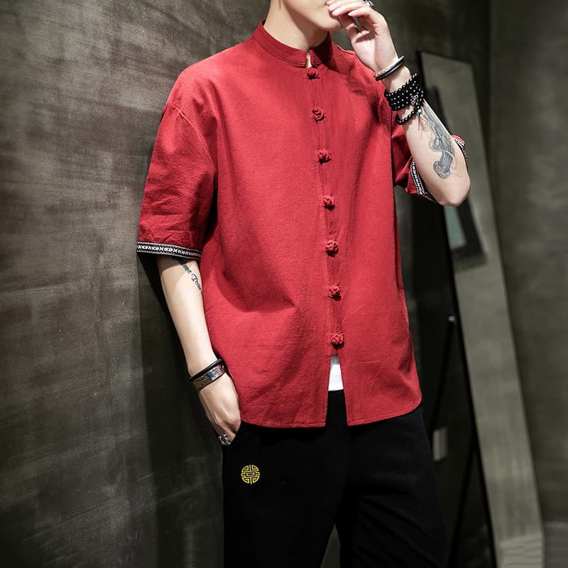 Verão fino algodão linho camisa de manga curta masculina estilo chinês Retro abotoado Hanfu solto tamanho grande camisa
