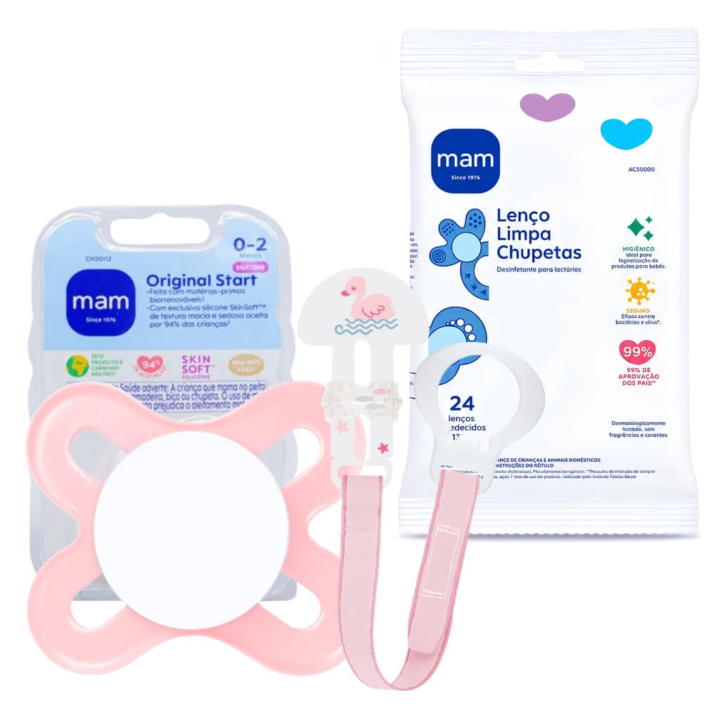 Kit Recem Nascido Chupeta Mam Start 0-2 Meses Rosa + Prendedor Clip + Lenco Limpa Chupetas