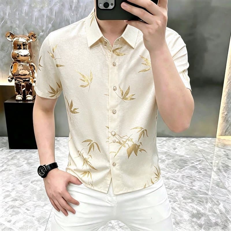 Produtos europeus de manga curta camisa de seda gelo masculina luz luxo rua Wear negócios camisa Casual rufião bonito Al