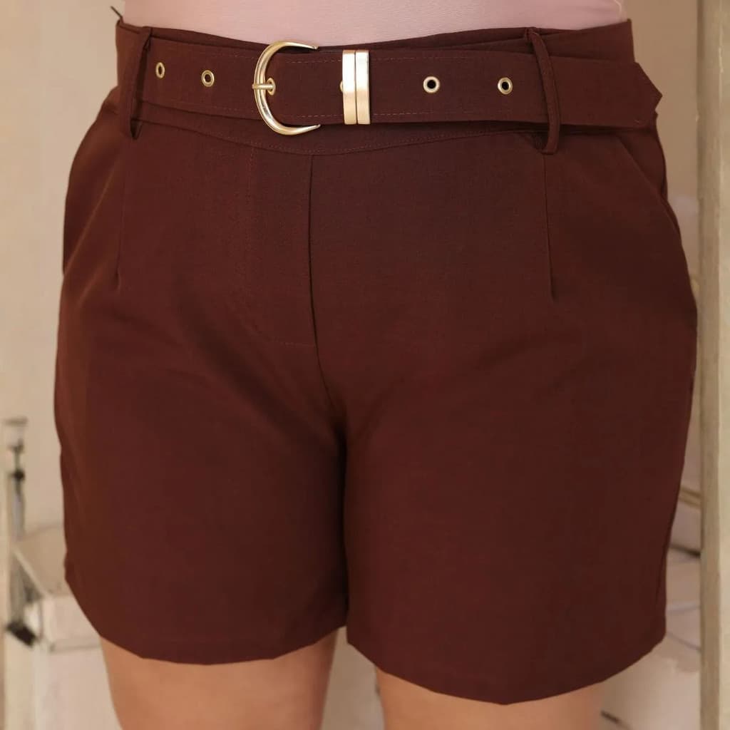Short Plus Size Feminino Alfaiataria Com Cinto Casual Cintura Alta Bolso E Cinto Elegante Marrom
