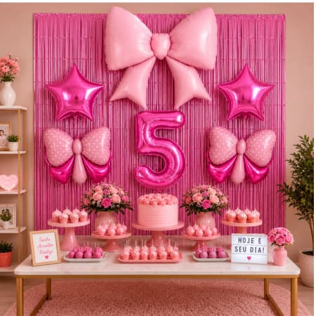 Kit Decoração Festa com Cortina Metalizada, Balões Laço, Estrelas e Número para Aniversário