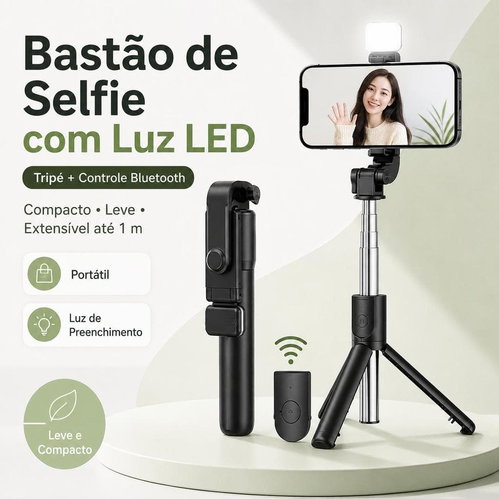 Bastão de Selfie com Luz LED, Tripé Extensível até 1m, Controle Bluetooth, Suporte 360° para Fotos, Vídeos e Lives