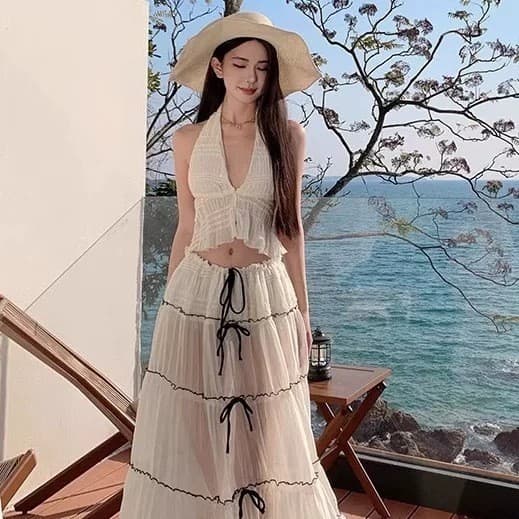 Sanya Tailândia Viagem Férias Praia Estilo Francês Top Halter Resistente Semi-Transparente Preto Costurado Saia Longa de