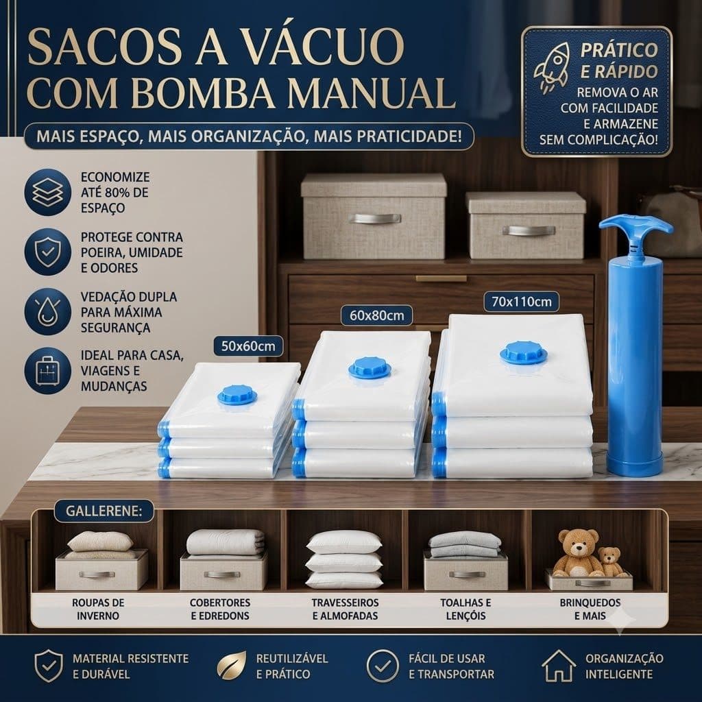 Kit 5 Sacos a Vácuo Organizador Para Roupas e Edredons com ou sem Bomba Tamanhos 50x60 60x80 70x110