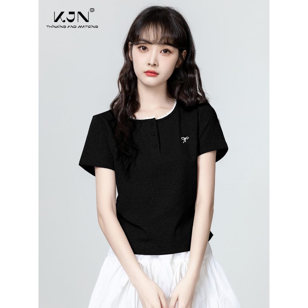 Preto em torno do pescoço de manga curta camiseta feminina 2026 verão novo estilo renda guarnição cintura estreita mais