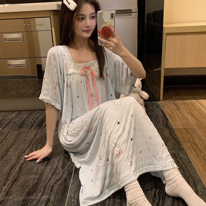 Camisola feminina pijamas verão algodão manga curta estilo fino verão pescoço quadrado dos desenhos animados bonito mead