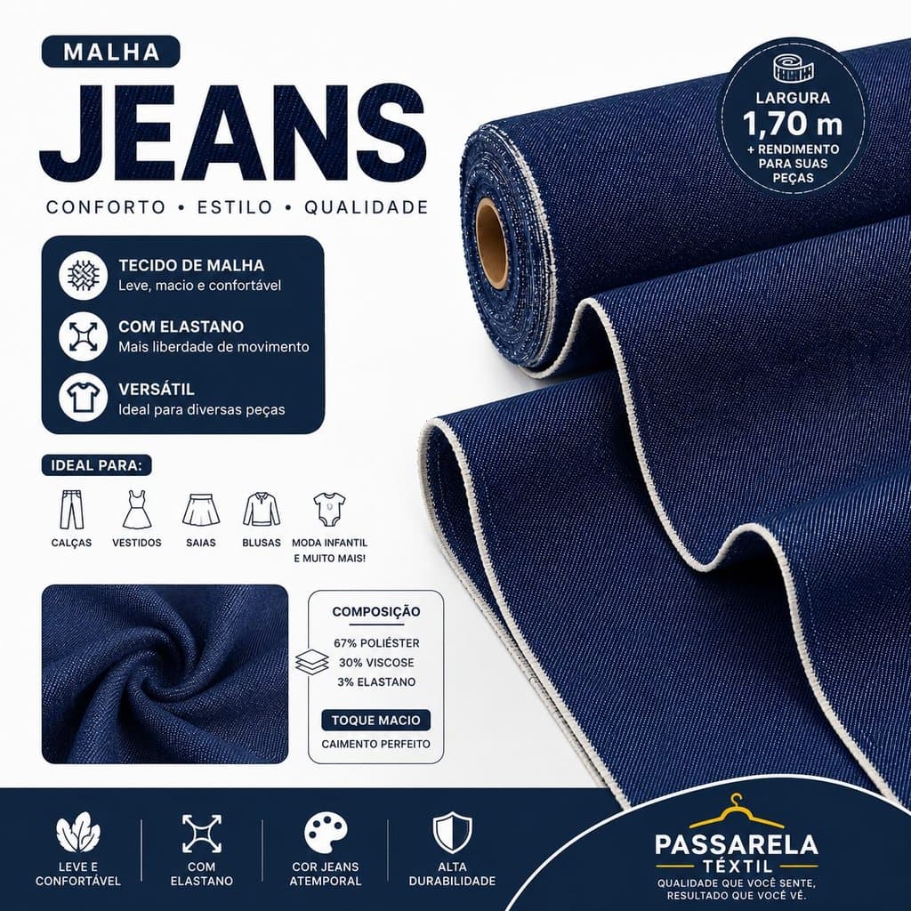 Tecido Jeans 1,70m - Calça, Jaqueta, Vestido, Moda Casual Premium