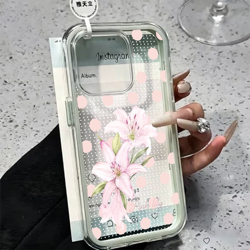 Não amarela Capinha para iPhone 17/16/15/14/13/12 Pro Max Lírio rosa com bolinhas brancas concha transparente