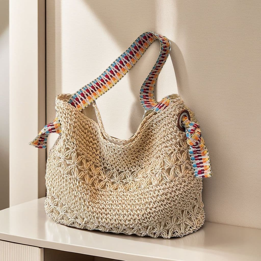 Bolsa de palha feminina elegante para férias, nova bolsa de ombro trançada popular, bolsa de praia casual de grande capa