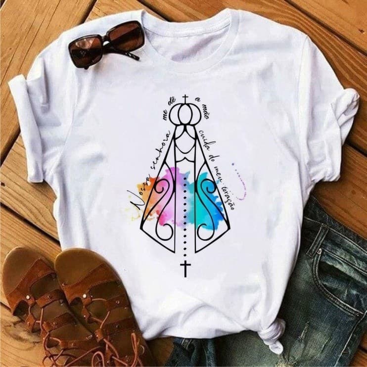 camisa Camiseta Feminina Cristã Nossa Senhora Aparecida algodao infantil adulto