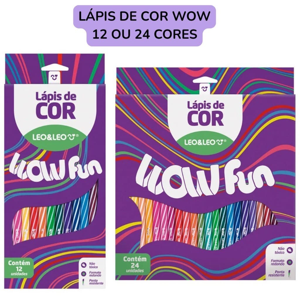 Lápis de Cor Wow Fun 12 e 24 Cores Spiro Redondo Escolar Leo Leo Papelaria