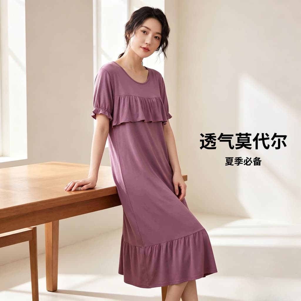Senhoras Modal camisola verão fino de manga curta Loungewear babados Anti-Bump tamanho grande solto ajuste umidade-absor