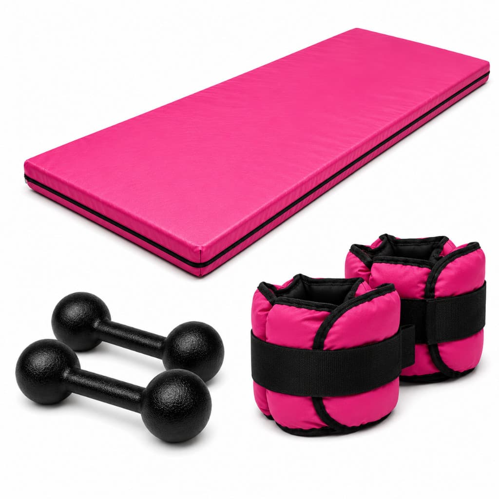 KIT FITNESS COMPLETO COLCHONETE ROSA + PAR 1KG HALTER BOLA + PAR 1KG CANELEIRA ROSA | TREINO EM CASA OU ACADEMIA