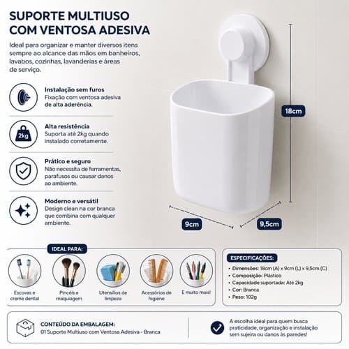 Suporte Multiuso Ventosa Adesiva Branco Fixacao Firme Versatil Aplicacao Sem Furos