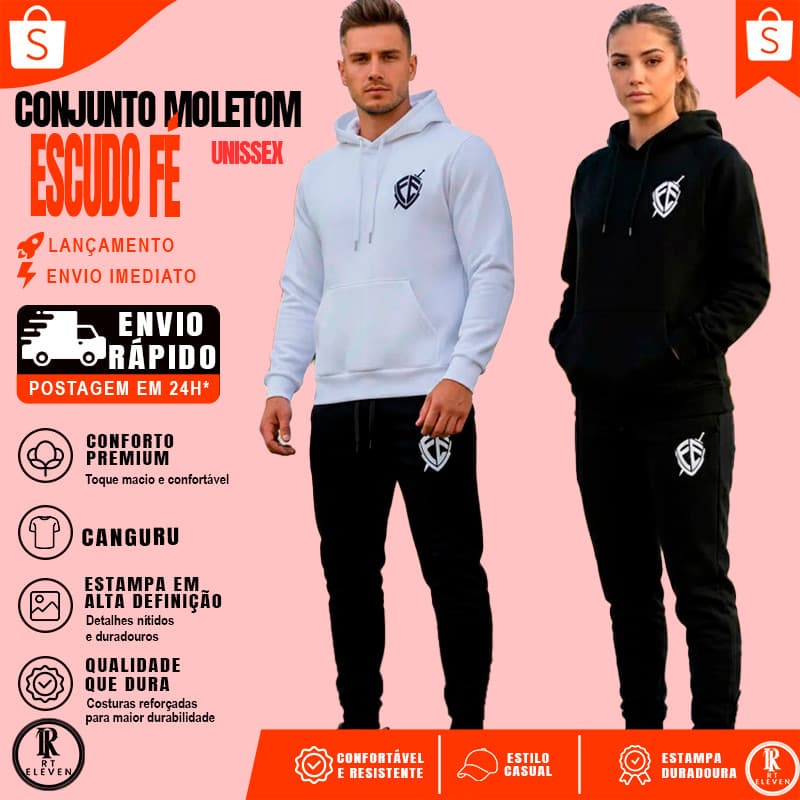 Conjunto Moletom Fé Estampa religiosa Escudo Fé Blusa De Frio + Calça linha premium moleton canguru com bolso e capuz