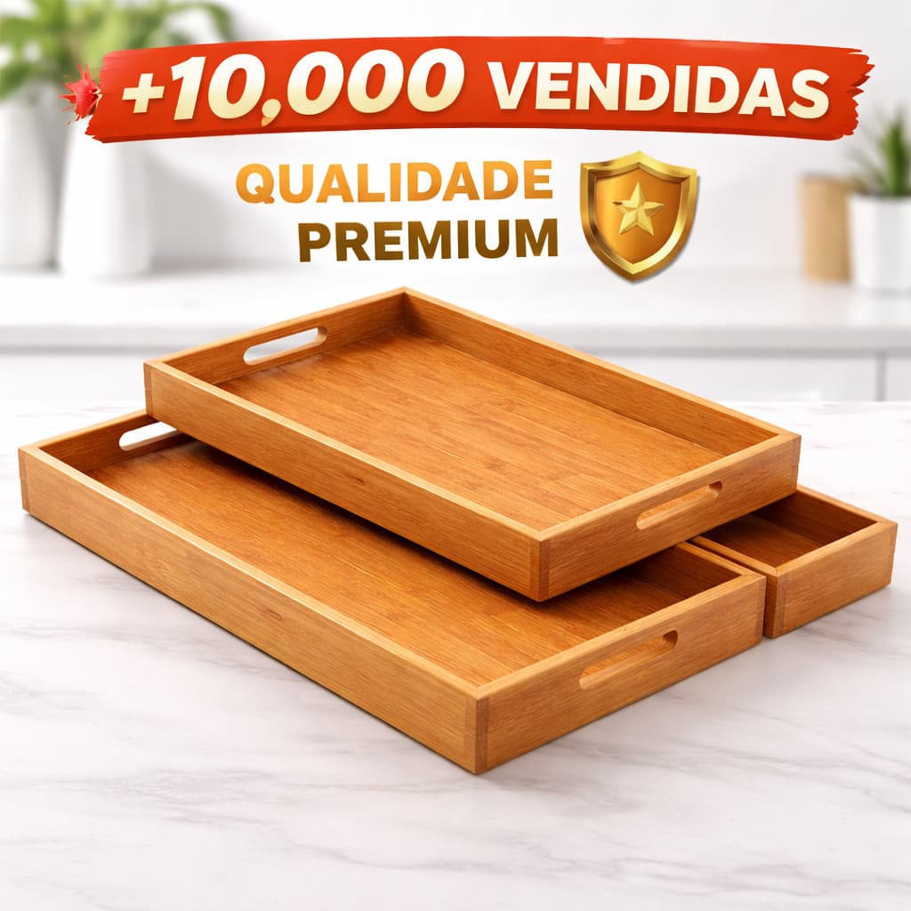 Bandeja de Bambu Natural Premium Kit com 03 Peças Para Café da Manhã, Hotéis, Pousadas Linha Gourmet
