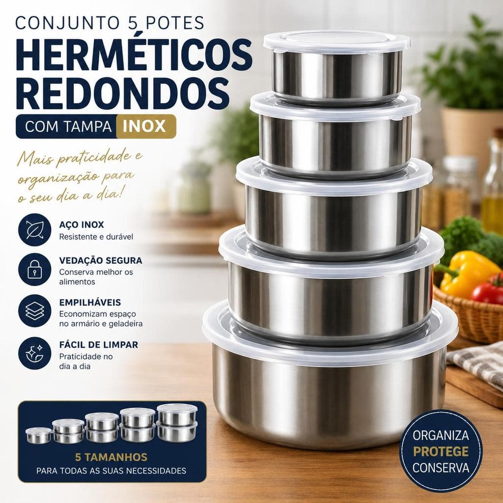kit com 5 Potes Herméticos Tigelas Redondas  250ml a 1200ml  Inox com Tampa  Alimentos Cozinha Geladeira  Armario  ✨?