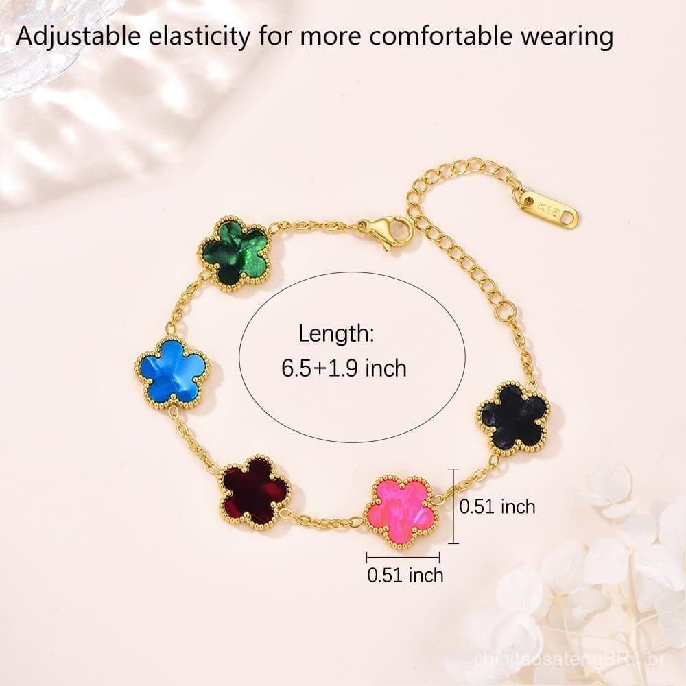 FLY FEI Pulseira de Trevo de Quatro Folhas Banhada a Ouro 18K para Mulheres, Conjunto de Pulseiras Ajustáveis da Sorte,