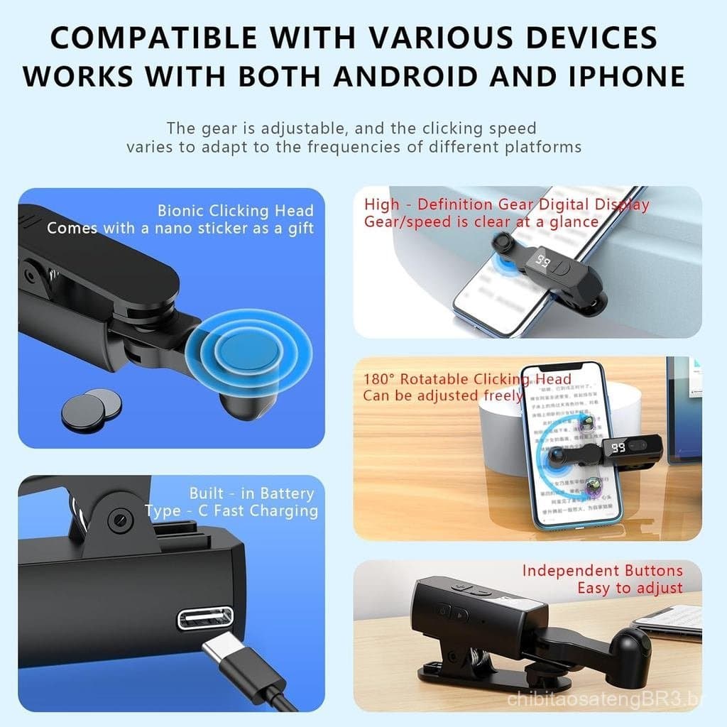 Auto Clicker para Smartphone, Dispositivo de Toque na Tela Ajustável com 107 Velocidades, Display Digital e Bateria Inte