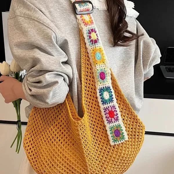 [XKB] Fio de algodão colorido tecido feminino grande capacidade oco bolsa mensageiro bolsa de praia