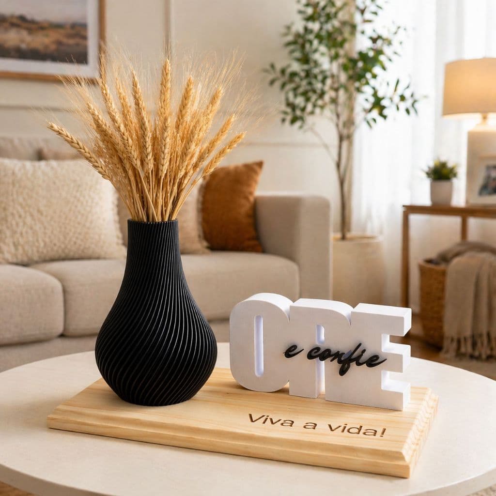 Kit Vaso Decorativo + Frase "Ore e Confie" com Base em Madeira  - Presente Decoração  - (Sem flores)