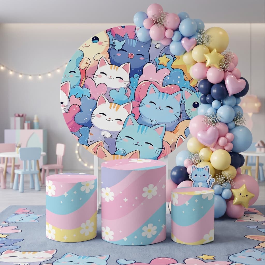 Capa Painel Redondo  +  Trio Cilindro Gatinhos Gato Kawaii Fofo  Infantil  Veste Fácil | Envio Rapido