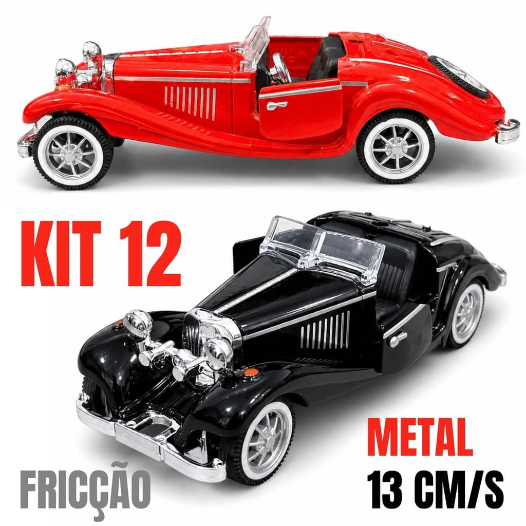 Kit 12 Miniaturas Roadster Vintage 13cm em Meta