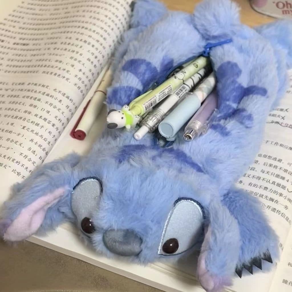 Estojo de lápis fofo de pelúcia do Disney Stitch, estojo escolar de grande capacidade e estilo kawaii, bolsa de maquiage