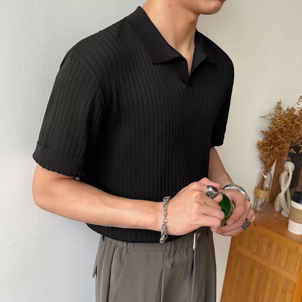 [Fornecimento exclusivo transfronteiriço] Camisa Polo masculina com padrão Vertical, manga curta, lapela, corte justo, e