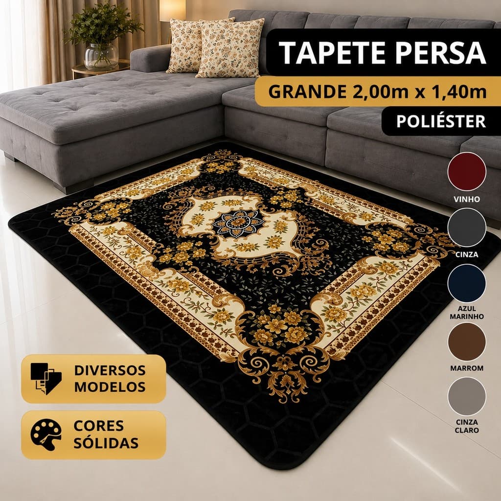 Tapete Grande 2,00m x 1,40m Antiderrapante Floral e liso Tapete Árabe para Sala Quarto grande