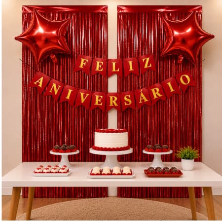 Kit Painel Festa Aniversário Cortina Metalizada Faixa Feliz Aniversário Balões Estrela Decoração Complet