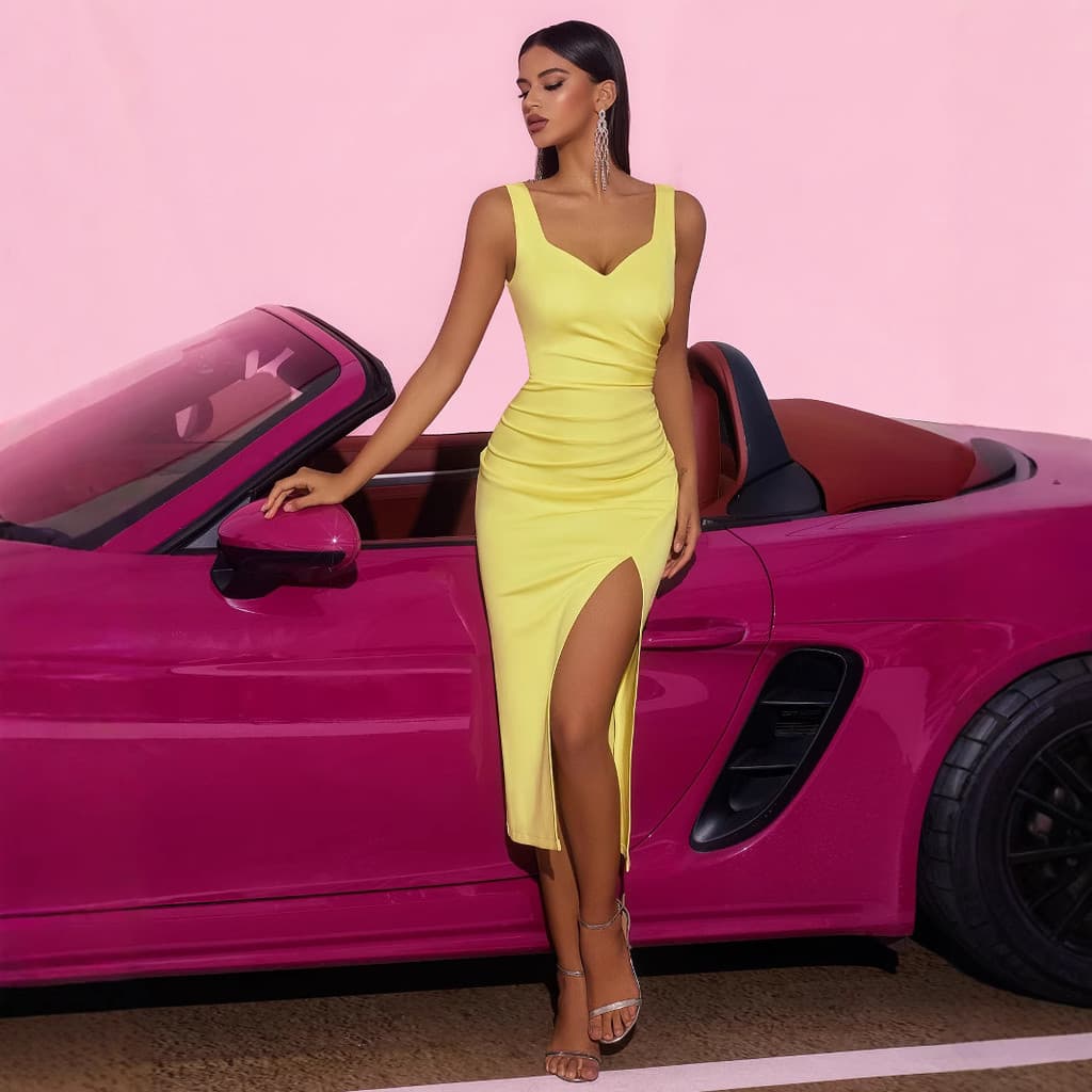 Novo e elegante vestido de alças com corte off-shoulder, ajustado ao corpo, com fenda lateral, franzido e de cintura alt