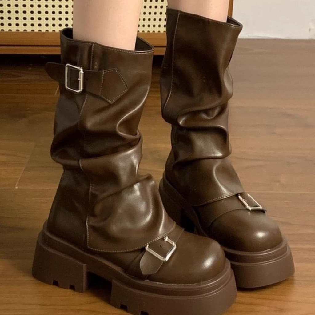 Marrom de sola grossa aumentando Martin botas femininas 2025 novo estilo primavera outono inverno botas de cano médio in