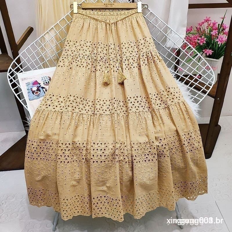 HOBA YLAE Saia Feminina de Cintura Alta com Bordado de Renda, Comprimento Médio, Corte A, Tamanho Plus, OMY5
